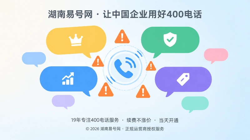 抽象场景式扁平化插画：多个彩色对话气泡包围一只蓝色电话图标，气泡中夹着橙色警示三角，象征各种买断话术。