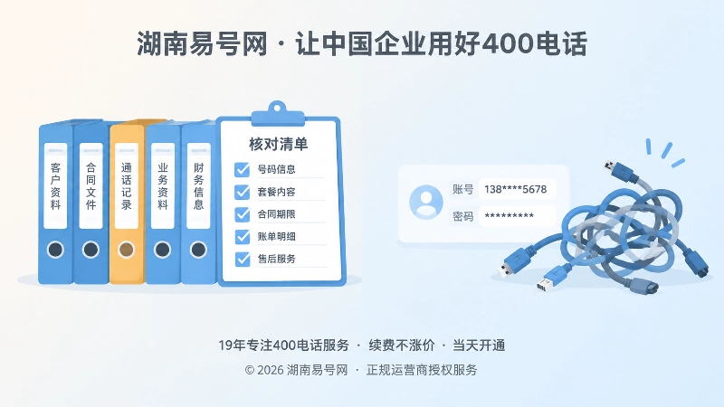 对比式扁平插画，左侧档案清单，右侧账号密码与打结线缆，表现400电话交接知识断层。