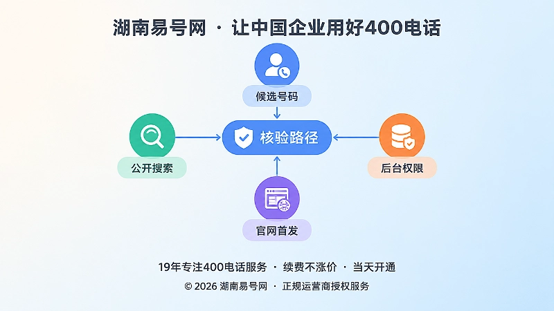 候选号码、搜索、后台、官网核验路径的抽象扁平化配图